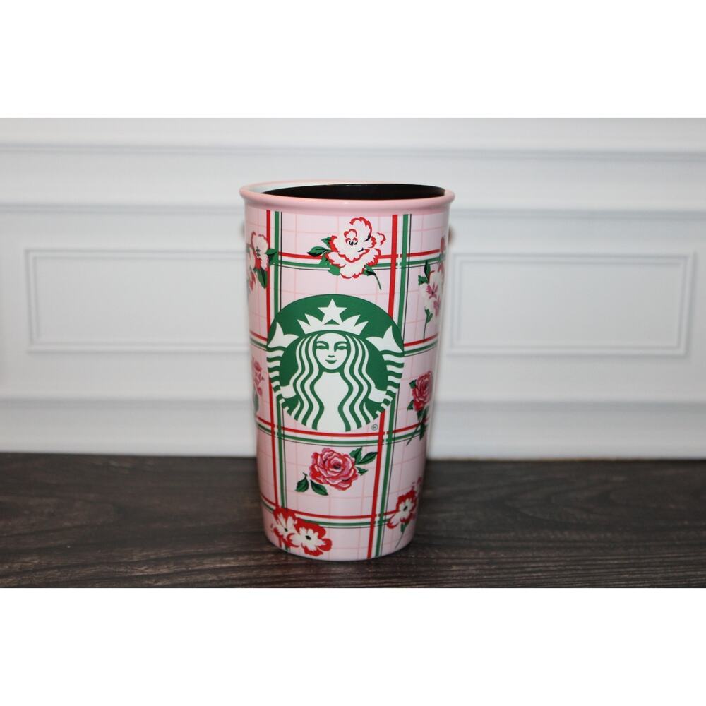 Starbucks Ban.do Pink Plaid Floral Travel Tumbler 12oz Ceramic Cup Lid